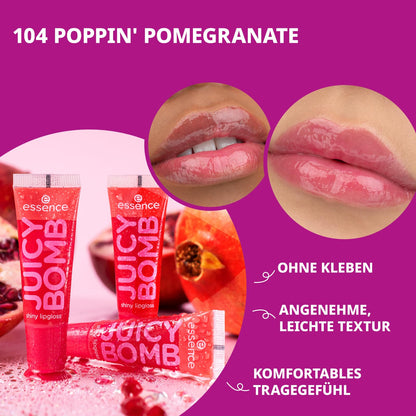 essence JUICY BOMB shiny lipgloss 104 Poppin' Pomegranate – Hochglänzender Lipgloss mit fruchtigem Duft – Vegan – Nicht-klebende Textur – 10 ml