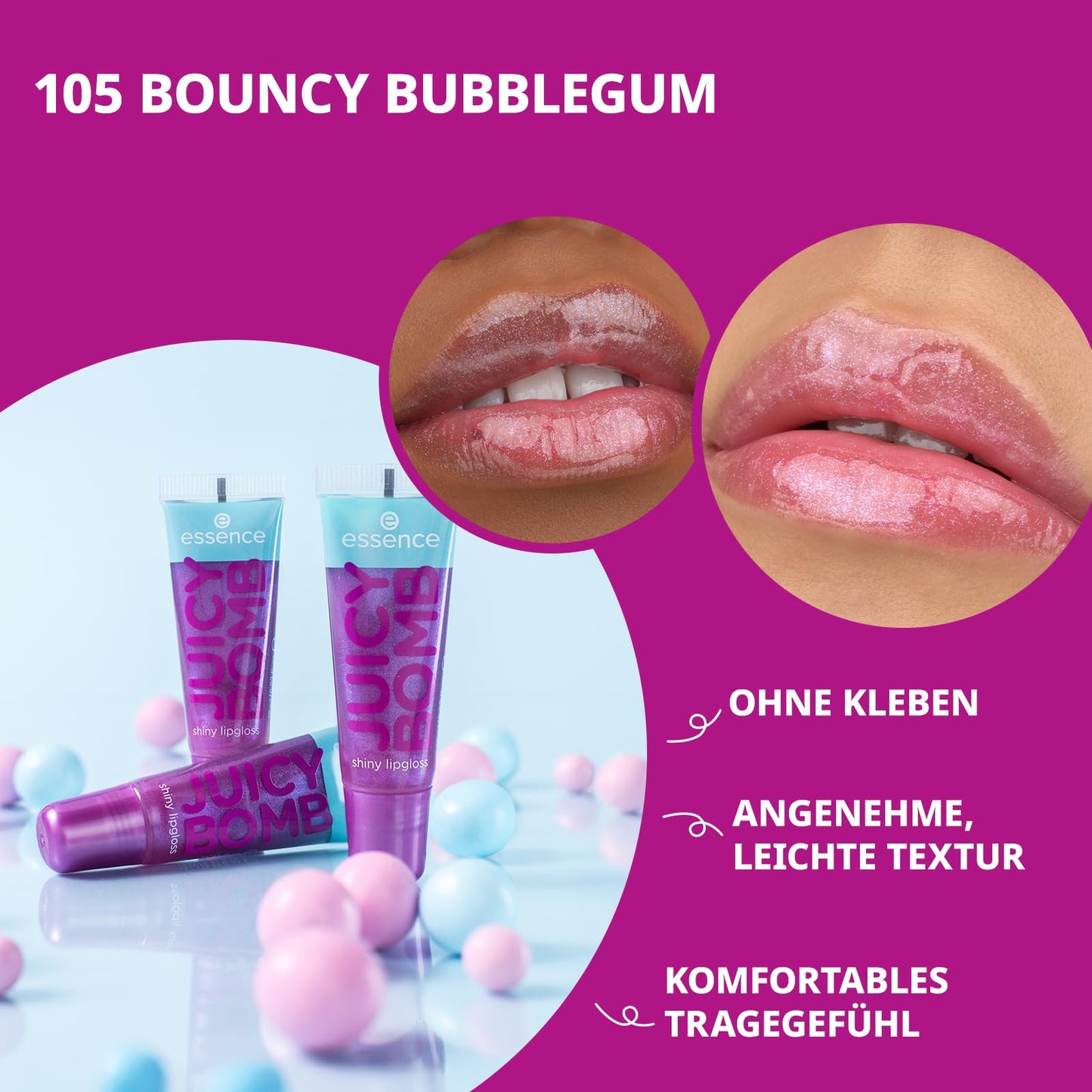 essence JUICY BOMB shiny lipgloss 105 Bouncy Bubblegum – Hochglänzender Lipgloss mit fruchtigem Duft – Vegan – Nicht-klebende Textur – 10 ml