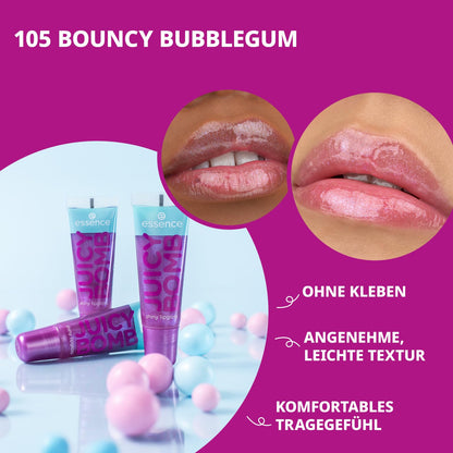 essence JUICY BOMB shiny lipgloss 105 Bouncy Bubblegum – Hochglänzender Lipgloss mit fruchtigem Duft – Vegan – Nicht-klebende Textur – 10 ml