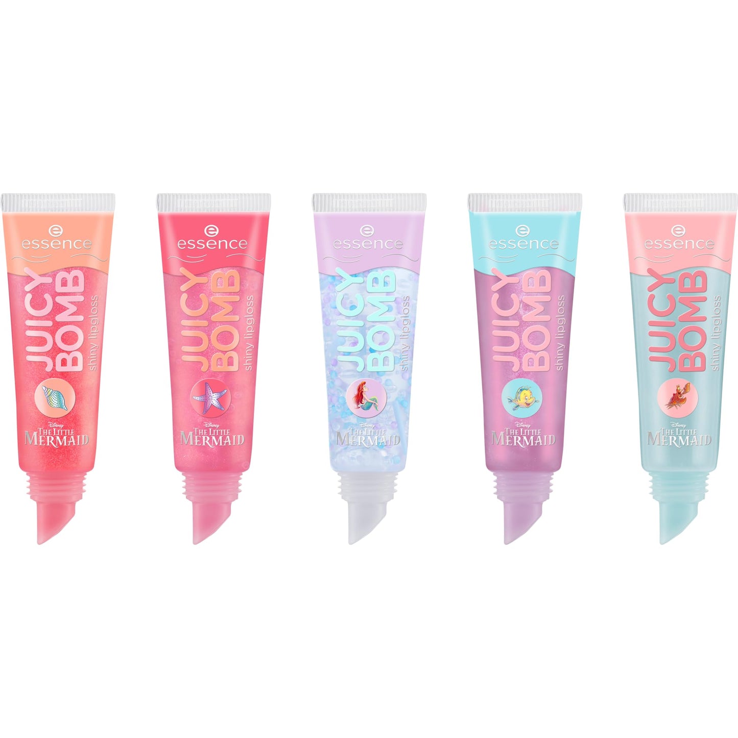 essence Disney THE LITTLE MERMAID JUICY BOMB shiny lipgloss crew, Mehrfarbig, Expressergebnis, glänzend, schimmernd, vegan, ohne Parabene, ohne Mikroplastikpartikel, Nanopartikel frei,1er Pack(5x10ml)