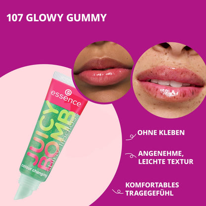 essence JUICY BOMB shiny lipgloss 107 Glowy Gummy – Hochglänzender Lipgloss mit fruchtigem Duft – Vegan – Nicht-klebende Textur – 10 ml