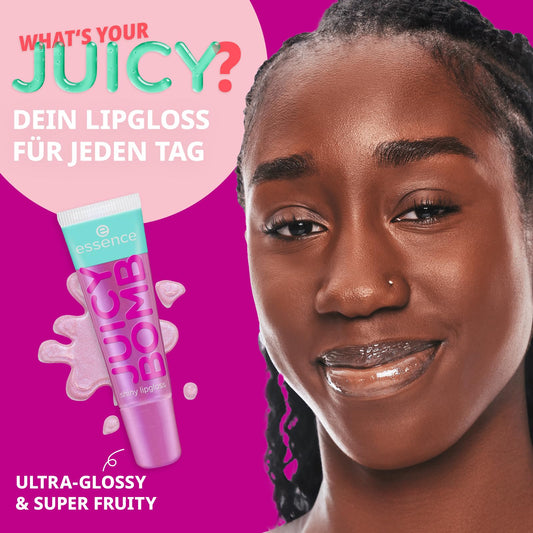 essence JUICY BOMB shiny lipgloss 105 Bouncy Bubblegum – Hochglänzender Lipgloss mit fruchtigem Duft – Vegan – Nicht-klebende Textur – 10 ml