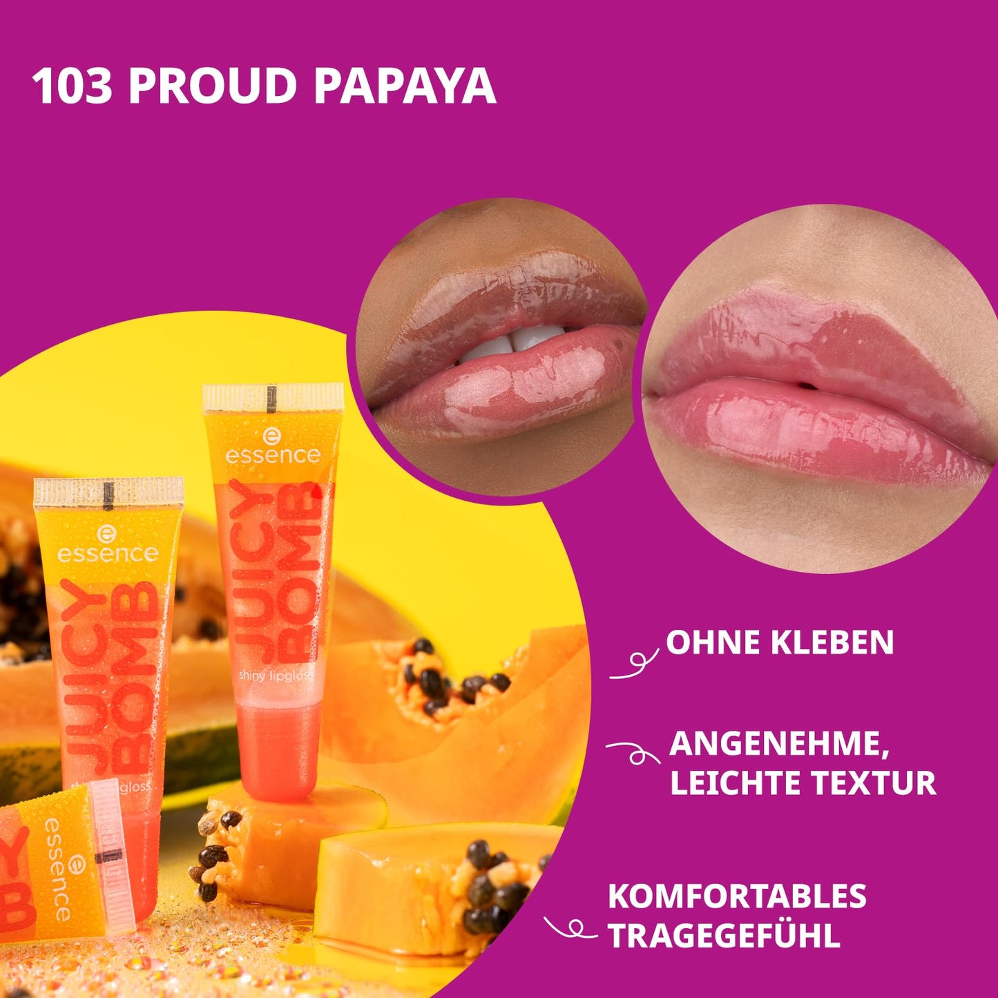essence JUICY BOMB shiny lipgloss 103 Proud Papaya – Hochglänzender Lipgloss mit fruchtigem Duft – Vegan – Nicht-klebende Textur – 10 ml