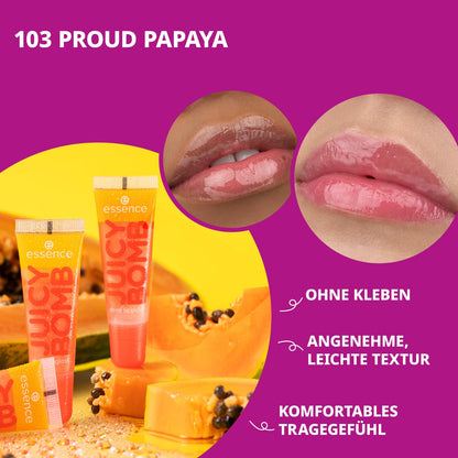 essence JUICY BOMB shiny lipgloss 103 Proud Papaya – Hochglänzender Lipgloss mit fruchtigem Duft – Vegan – Nicht-klebende Textur – 10 ml