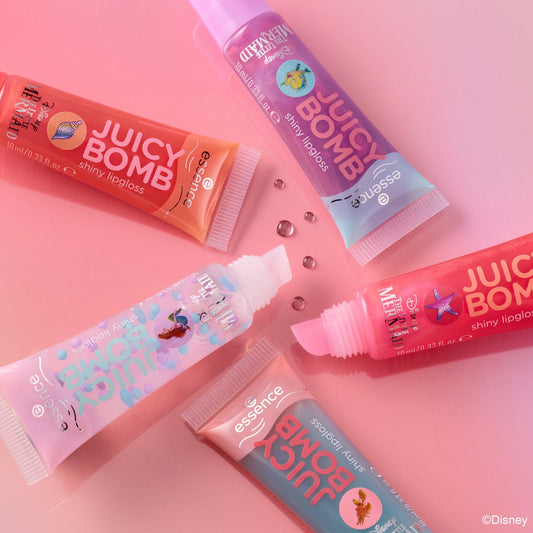 essence Disney THE LITTLE MERMAID JUICY BOMB shiny lipgloss crew, Mehrfarbig, Expressergebnis, glänzend, schimmernd, vegan, ohne Parabene, ohne Mikroplastikpartikel, Nanopartikel frei,1er Pack(5x10ml)