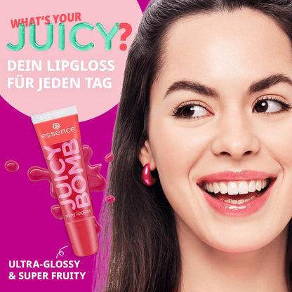 essence JUICY BOMB shiny lipgloss 104 Poppin' Pomegranate – Hochglänzender Lipgloss mit fruchtigem Duft – Vegan – Nicht-klebende Textur – 10 ml